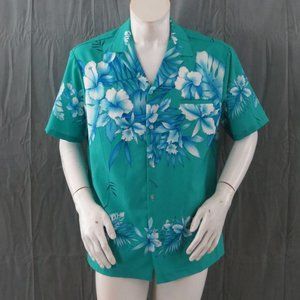 Vintage Hawaiian Shirt - Large Floral Pattern on Teal Base - Men's Large